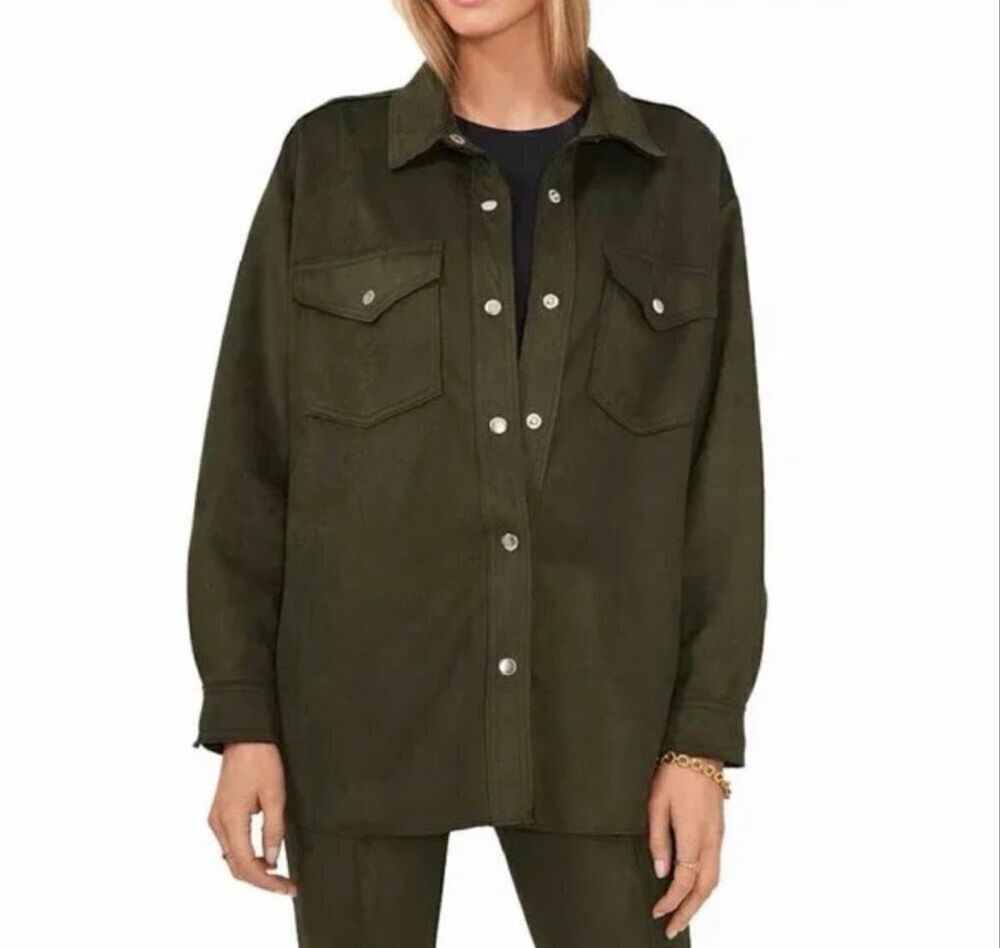 Vince Camuto Faux Suede Snap Button Front Shirt Jacket Green Women's XL NEW